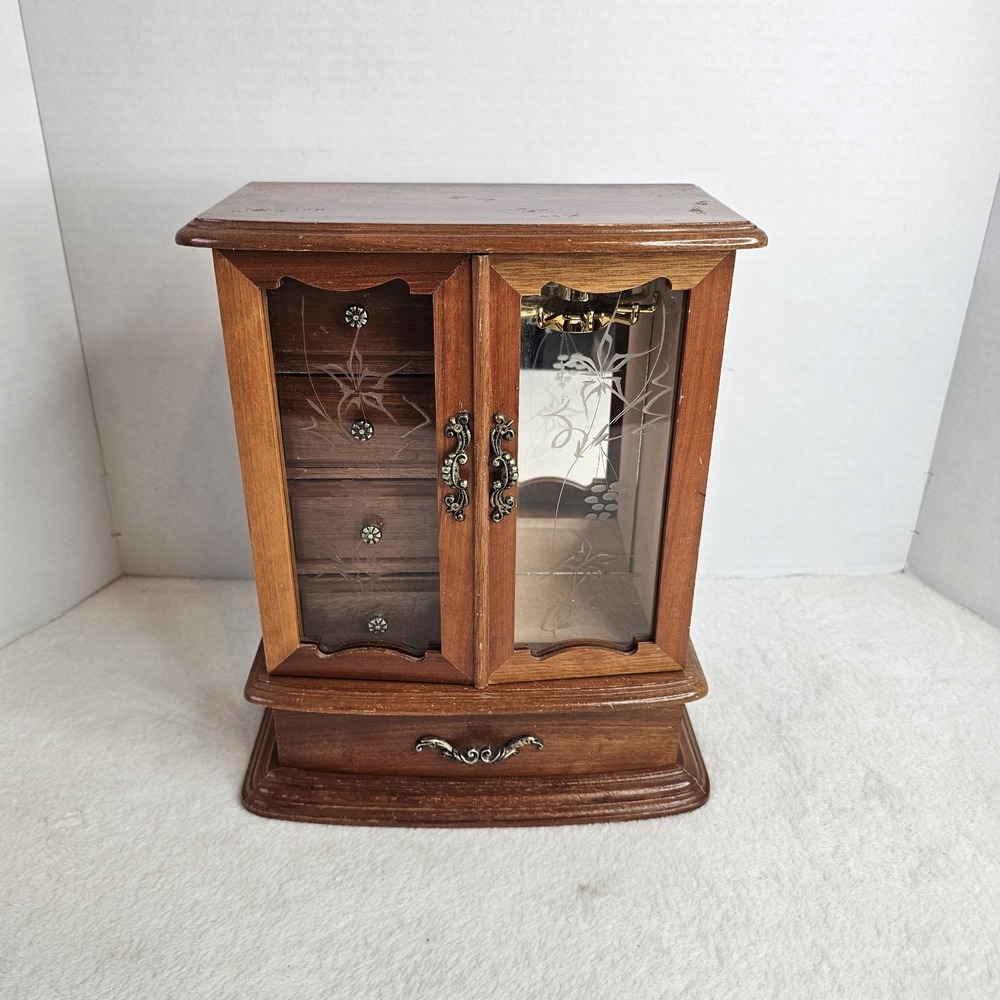 Musical Wooden Jewelry Amoire 5 Drawer Etched Glass Vintage